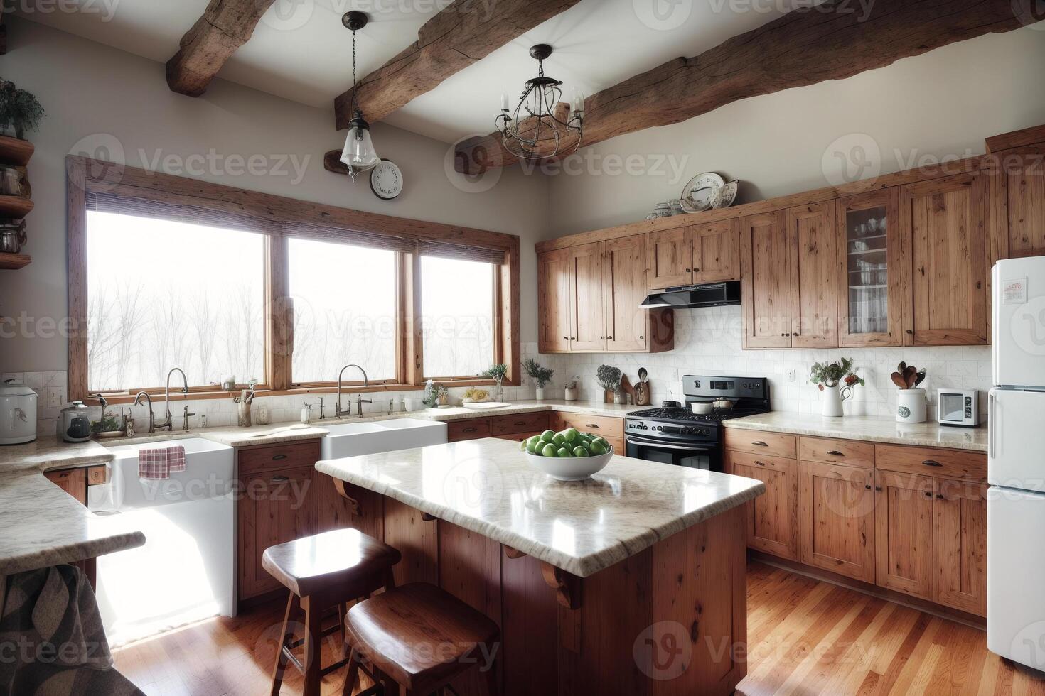 Kitchen interior with wooden cabinets and kitchen island. photo