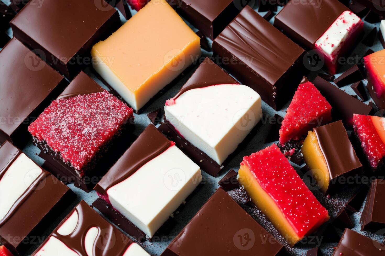 An assortment of colorful candies, chocolate, bars and chocolate pieces, sweet food. Close up of colorful marshmallows. photo