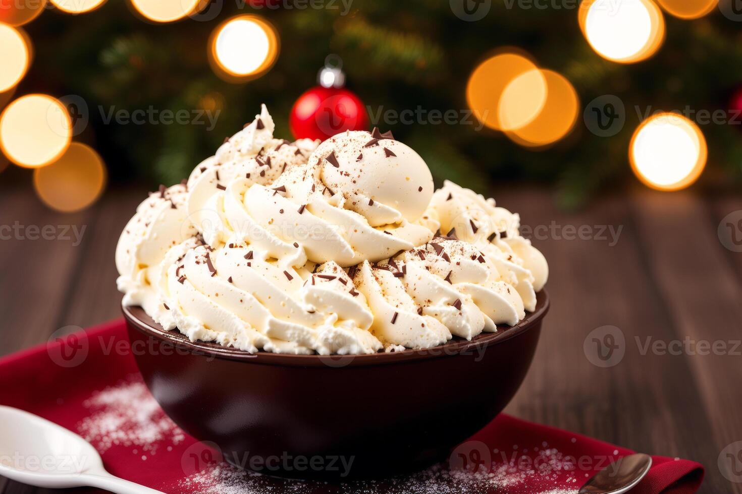 delicious Ice cream cone with chocolate and whipped cream on a wooden table. sweet food. photo