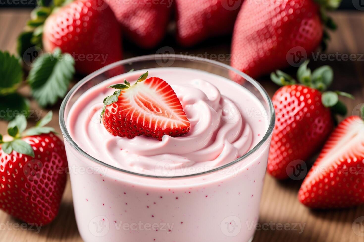 Strawberry yogurt in a white bowl.Yogurt with fresh blackberries, raspberries. photo