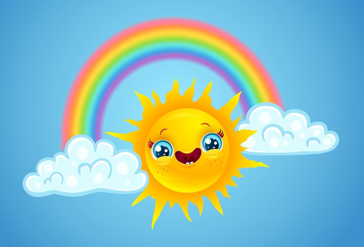 Vector illustration of a rainbow with clouds and sun in kawaii style.