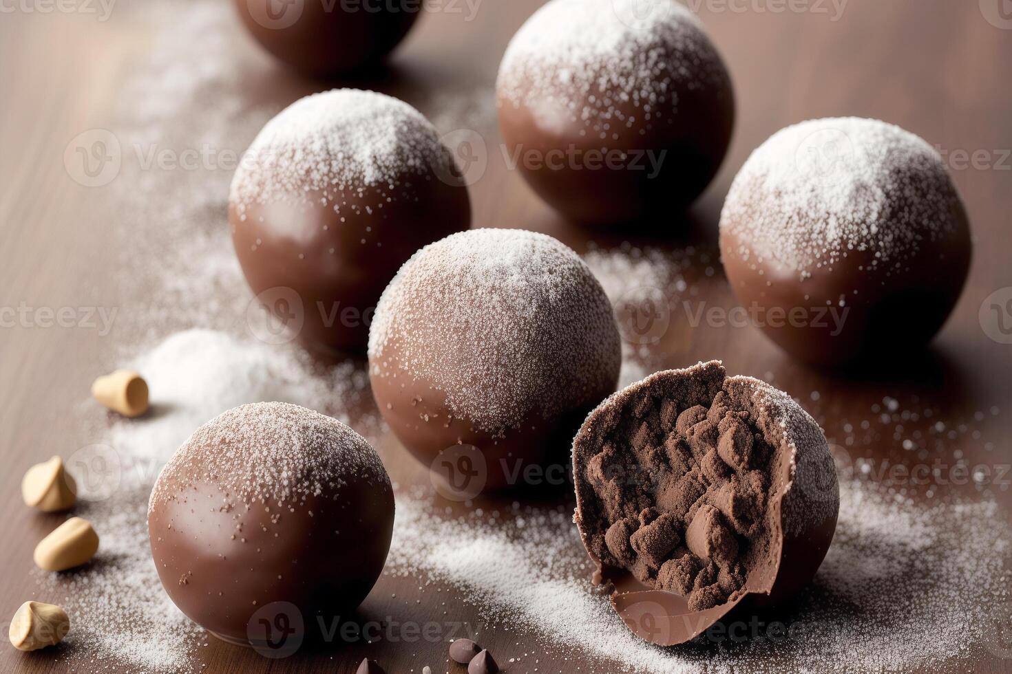 Chocolate truffles. An assortment of chocolate, candy, bars and chocolate pieces on a wooden background, sweet food. Chocolate cake. photo