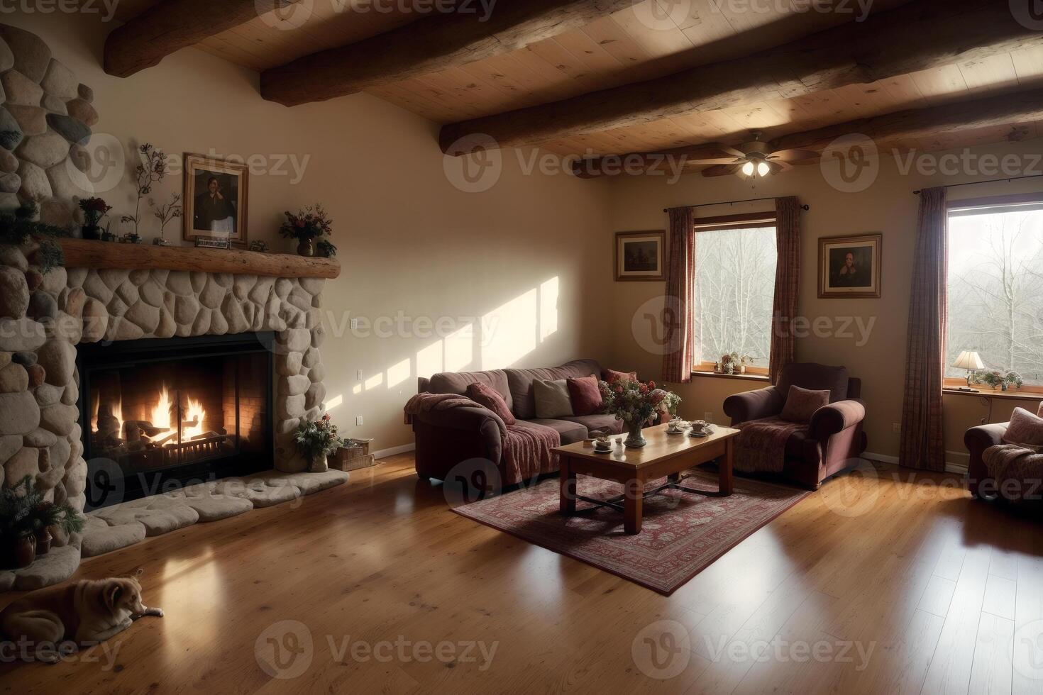 interior of modern living room with sofa, coffee table and plants. photo