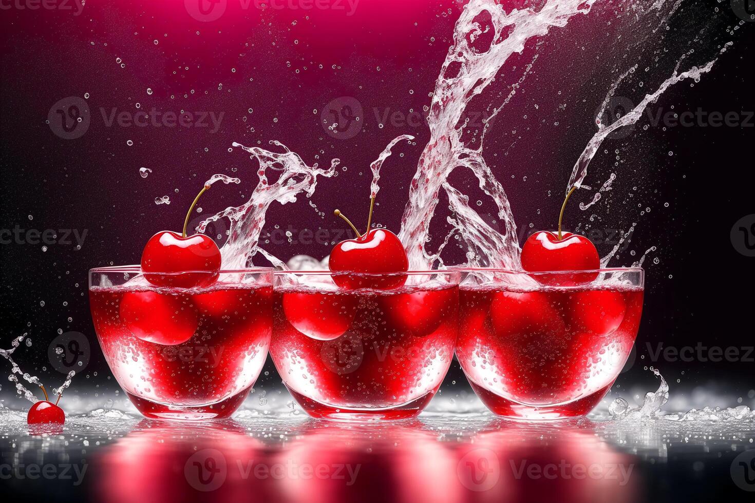 delicious cherry in water splash on black background. Healthy food concept. photo