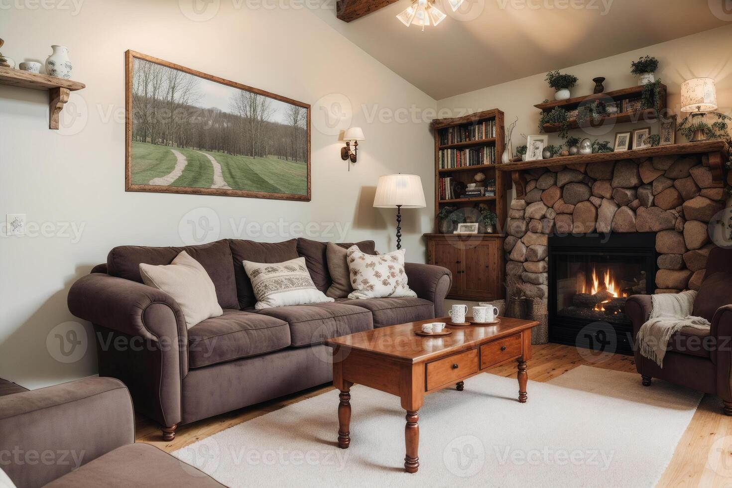 interior of modern living room with sofa, coffee table and plants. photo