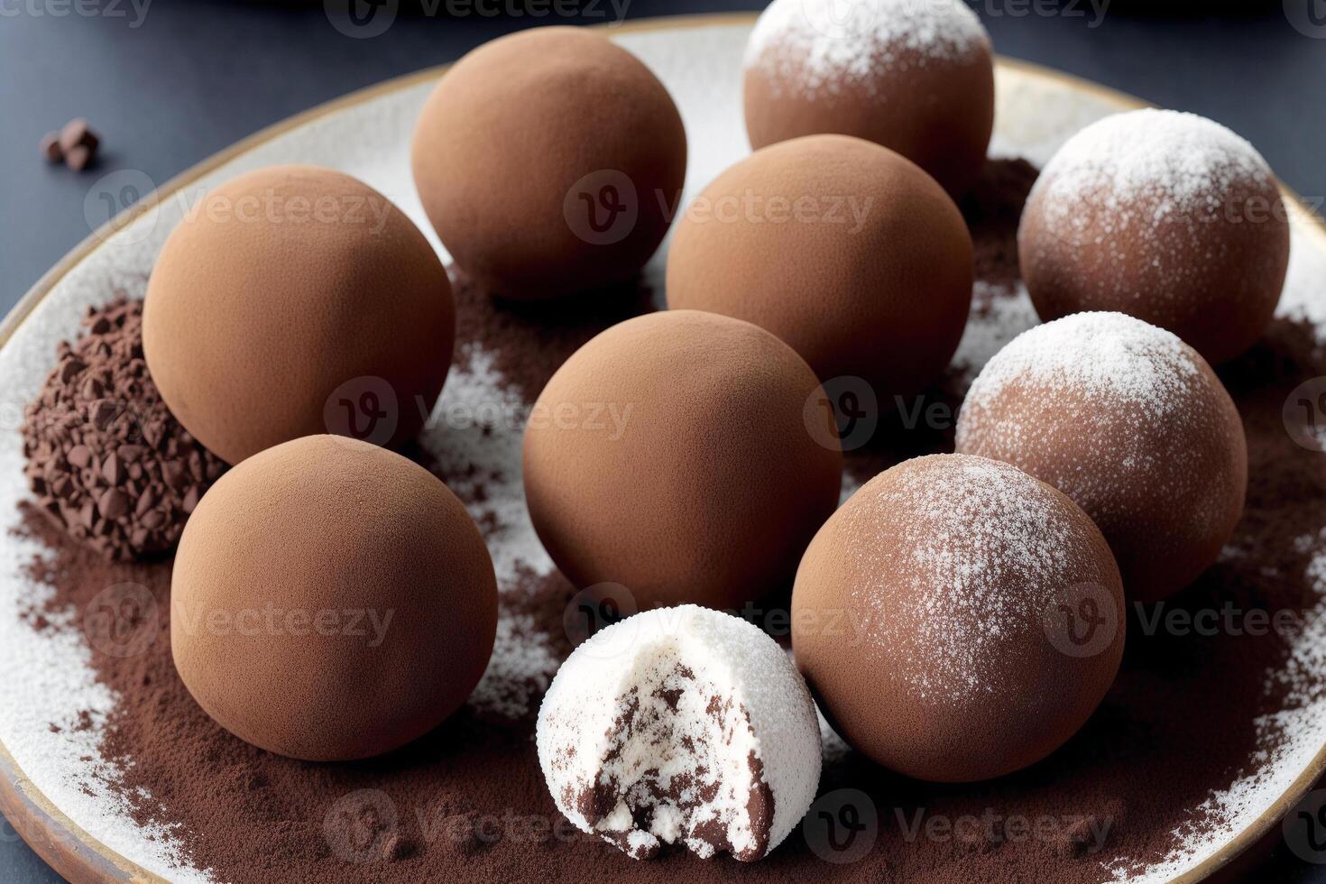 Chocolate truffles. An assortment of chocolate, candy, bars and chocolate pieces on a wooden background, sweet food. Chocolate cake. photo