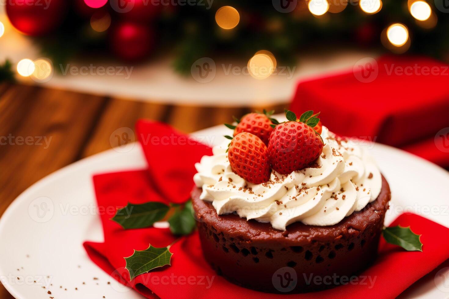 Christmas cake with whipped cream and fresh berries on a wooden table. Delicious pudding with raspberry sauce. photo