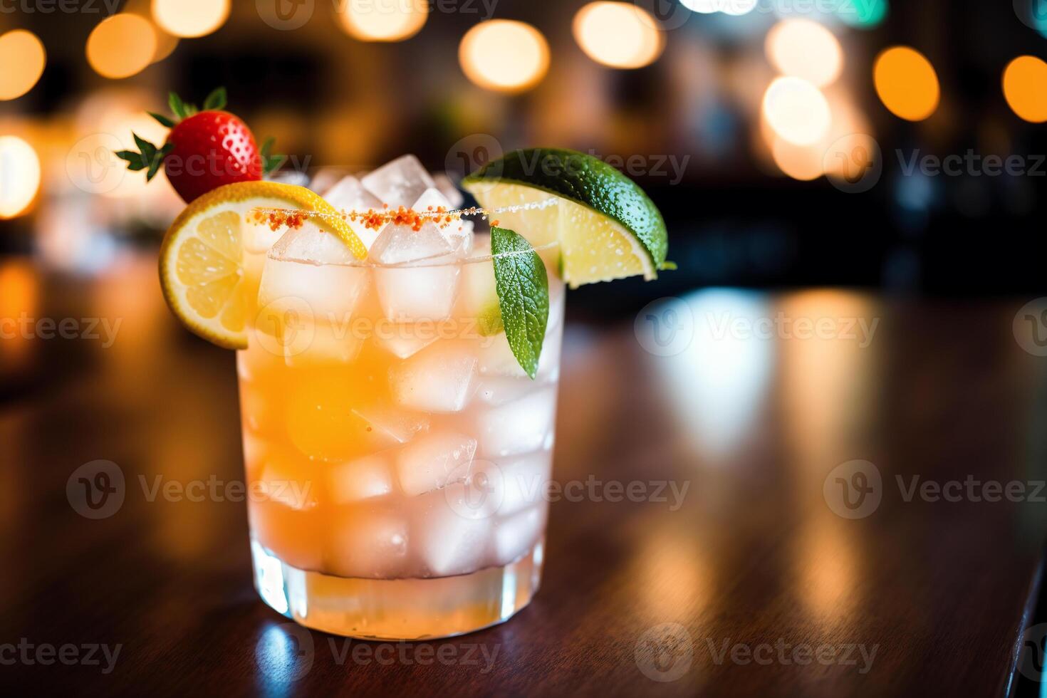 Alcohol cocktail drink on the table in restaurant with bokeh background. photo