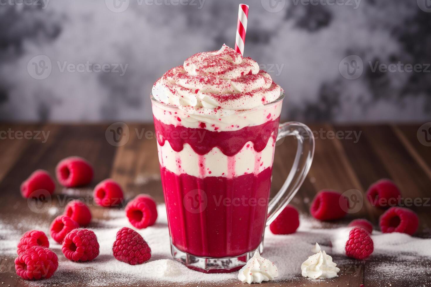 A glass of milkshake with whipped cream and blackberries.Strawberry milkshake, Raspberry milkshake. photo