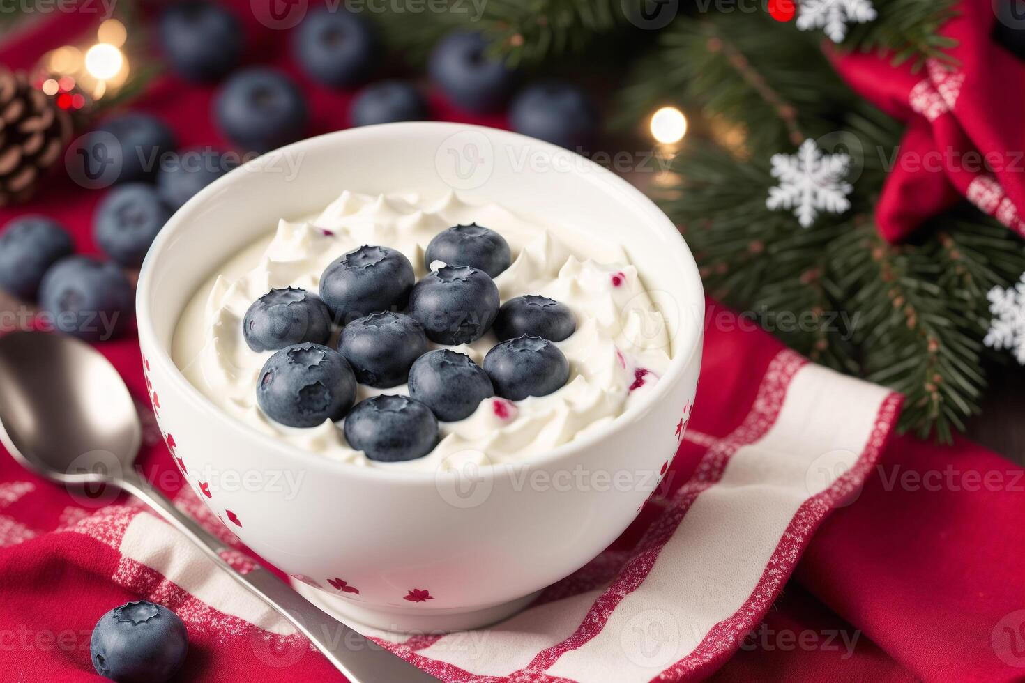 Strawberry yogurt in a white bowl.Yogurt with fresh blackberries, raspberries. photo