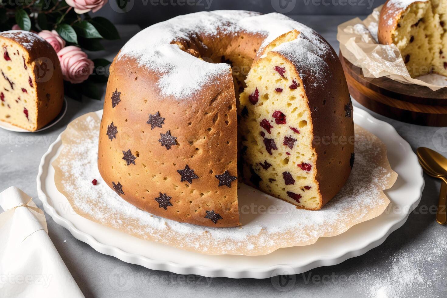 Christmas cake with raisins and powdered sugar. Panettone cake with raisins and icing sugar. photo