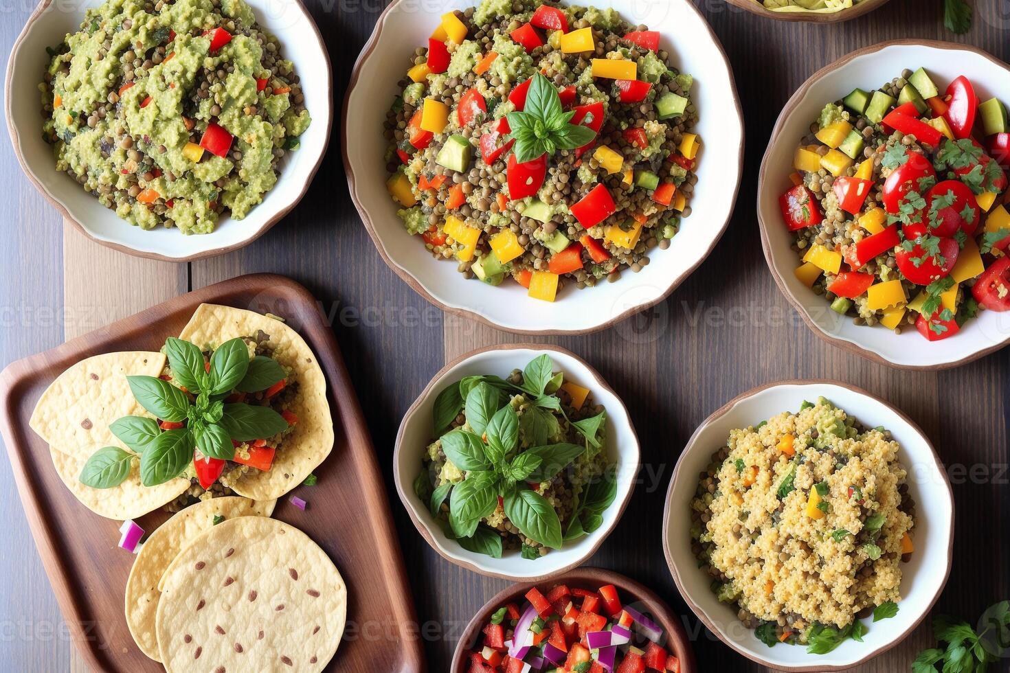 Vegetarian cuisine. Tasty Couscous with vegetables and spices in bowls on wooden table, Bowls of healthy vegetarian lentil salad , photo