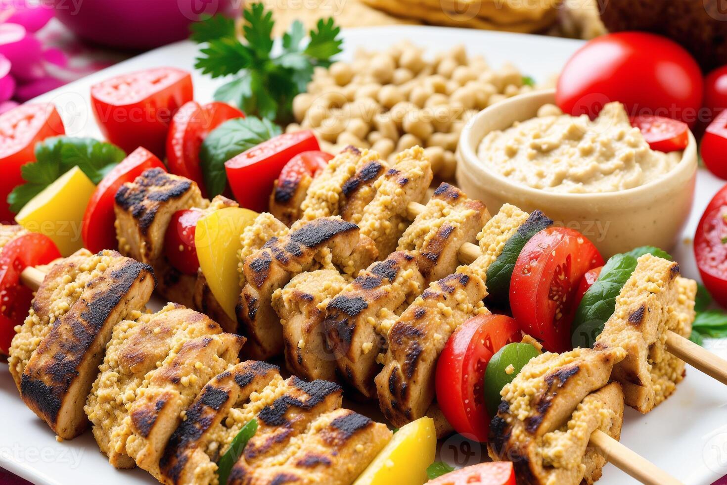 Lebanese cuisine. Chicken shish kebab on skewers served with couscous and vegetables. photo