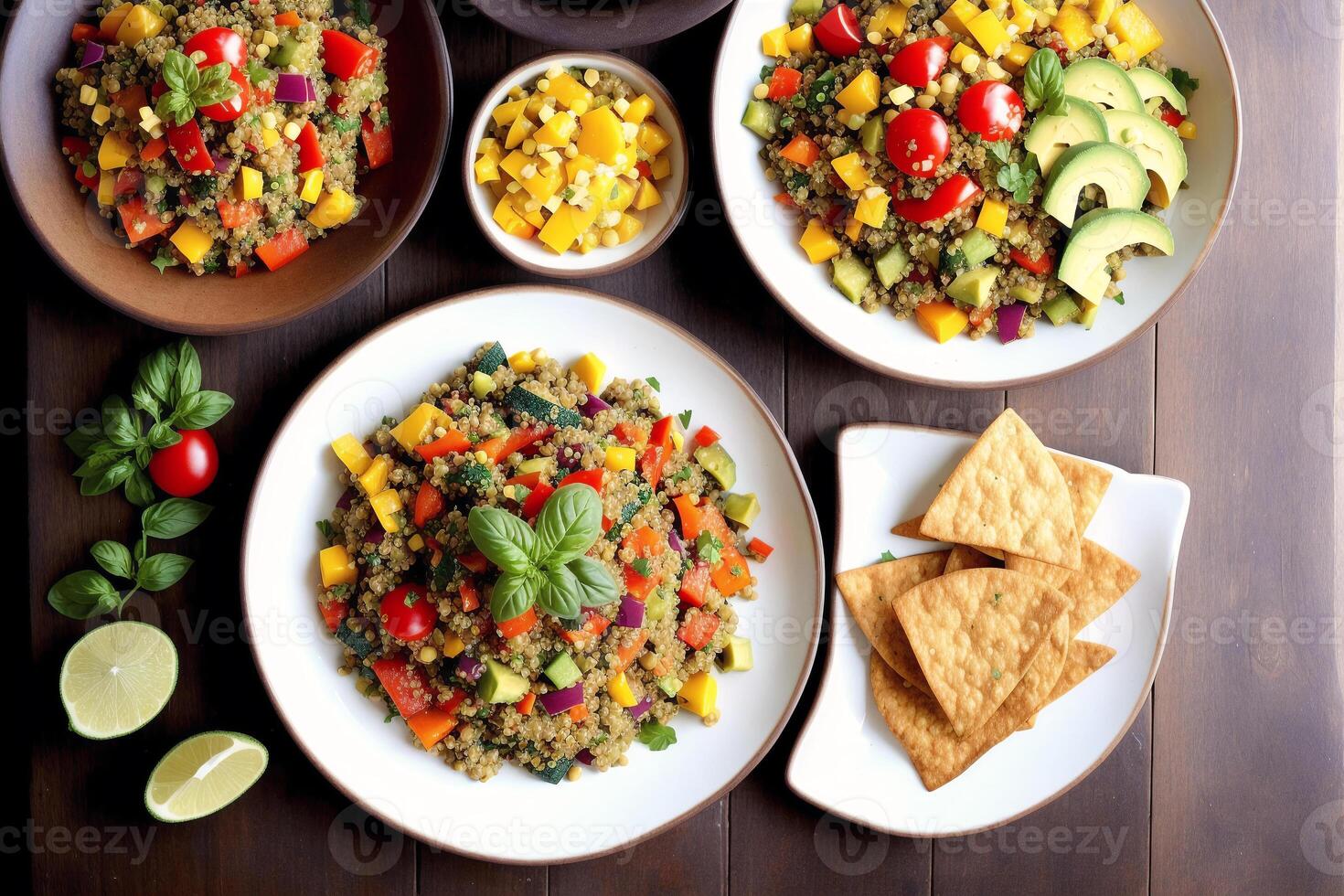 Vegetarian cuisine. Tasty Couscous with vegetables and spices in bowls on wooden table, Bowls of healthy vegetarian lentil salad , photo