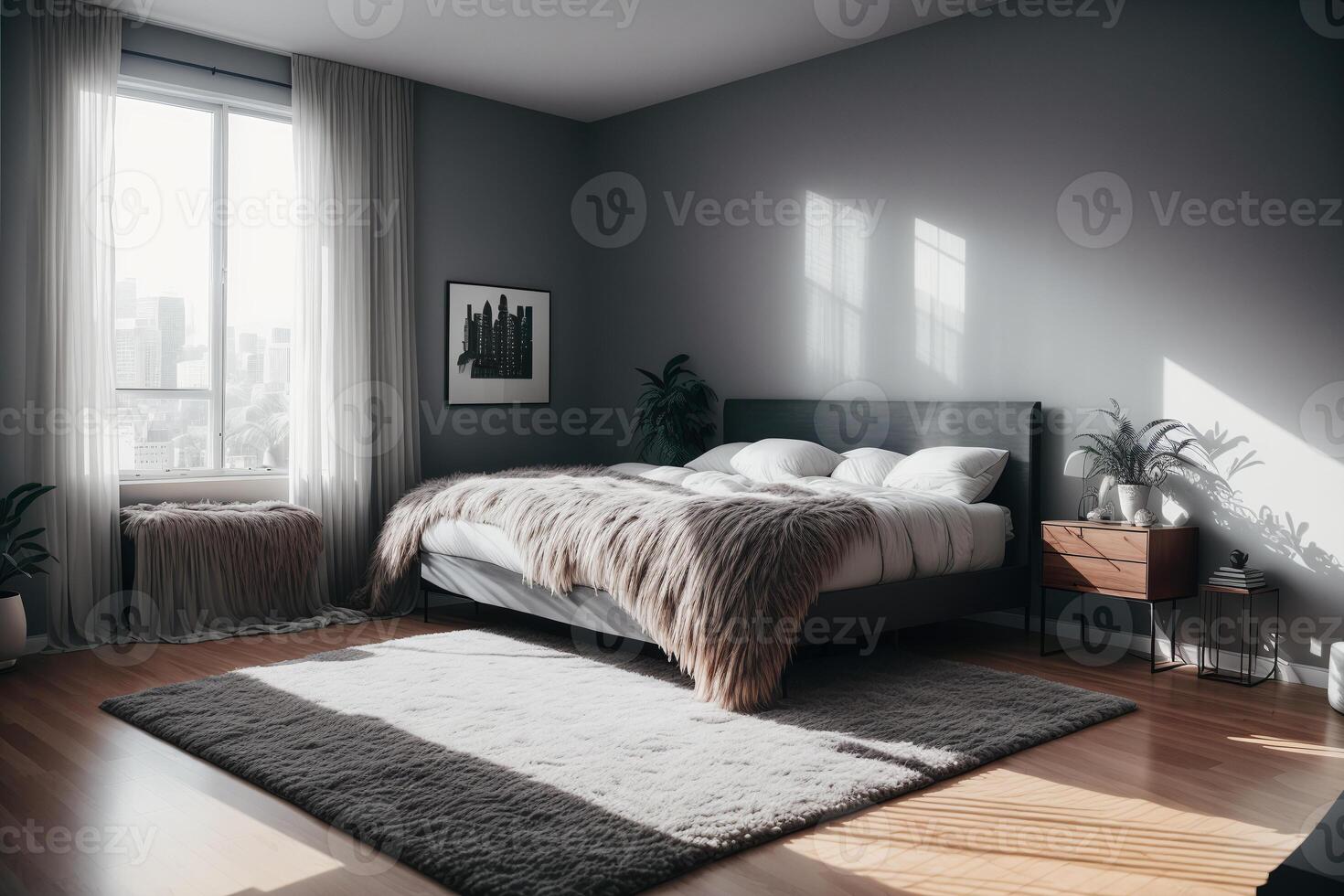 Interior of modern bedroom with gray walls, wooden floor, comfortable king size bed and window with countryside view. photo