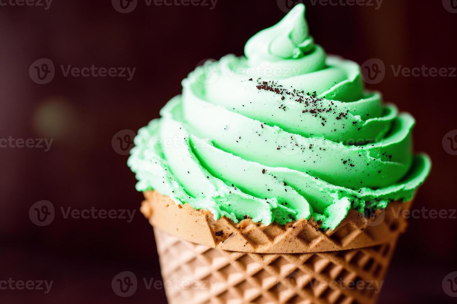delicious Ice cream cone with chocolate and whipped cream on a wooden table. sweet food. photo