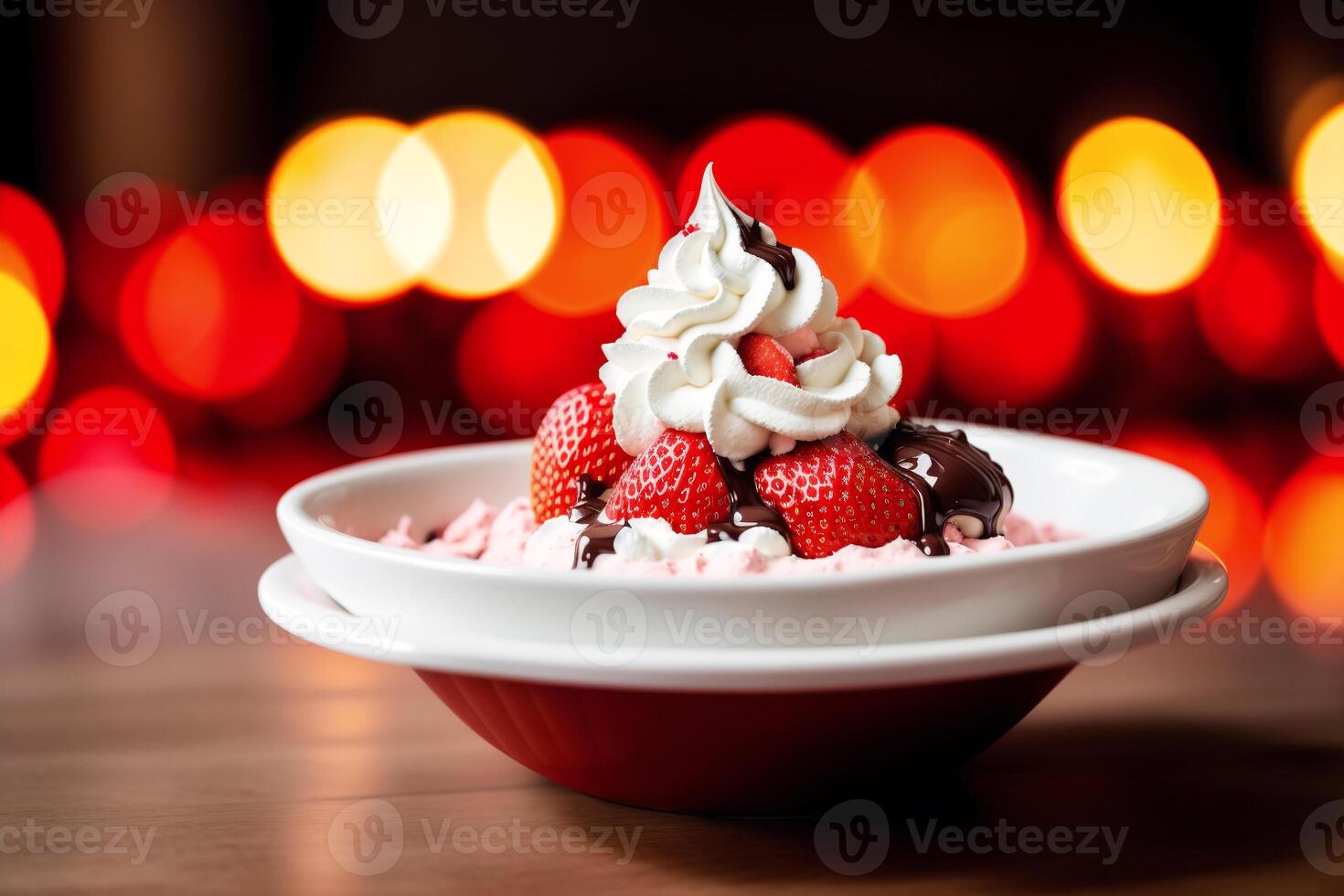 delicious Ice cream cone with chocolate and whipped cream on a wooden table. sweet food. photo