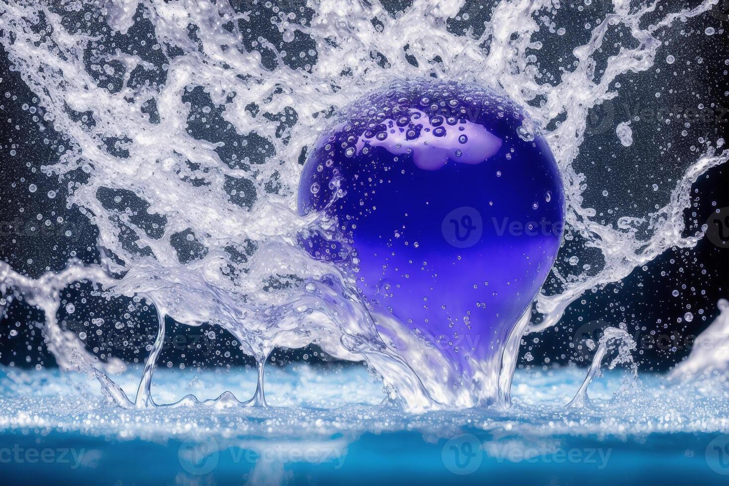 Water splash with bubbles on blue background. Abstract background. photo