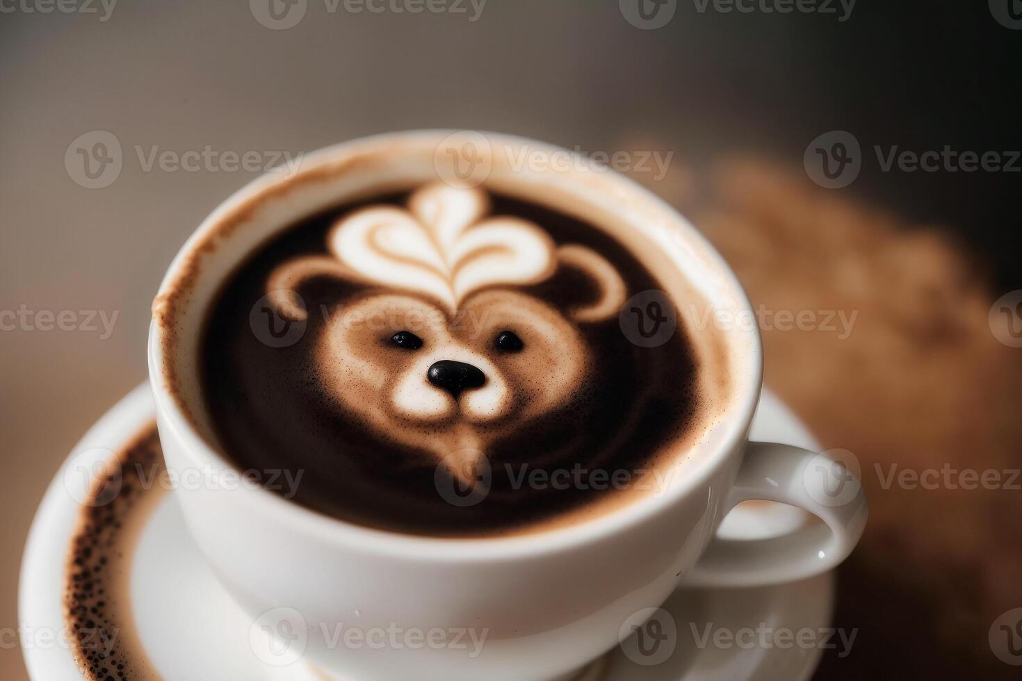 Cup of cappuccino with latte art on wooden background. photo