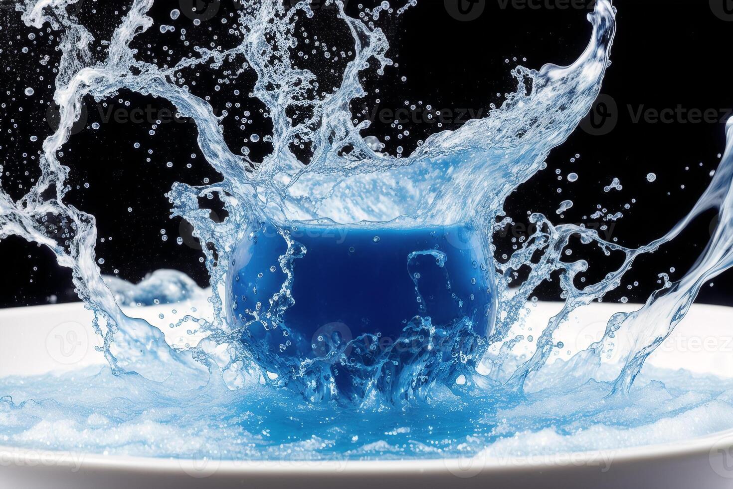 Water splash with bubbles on blue background. Abstract background. photo