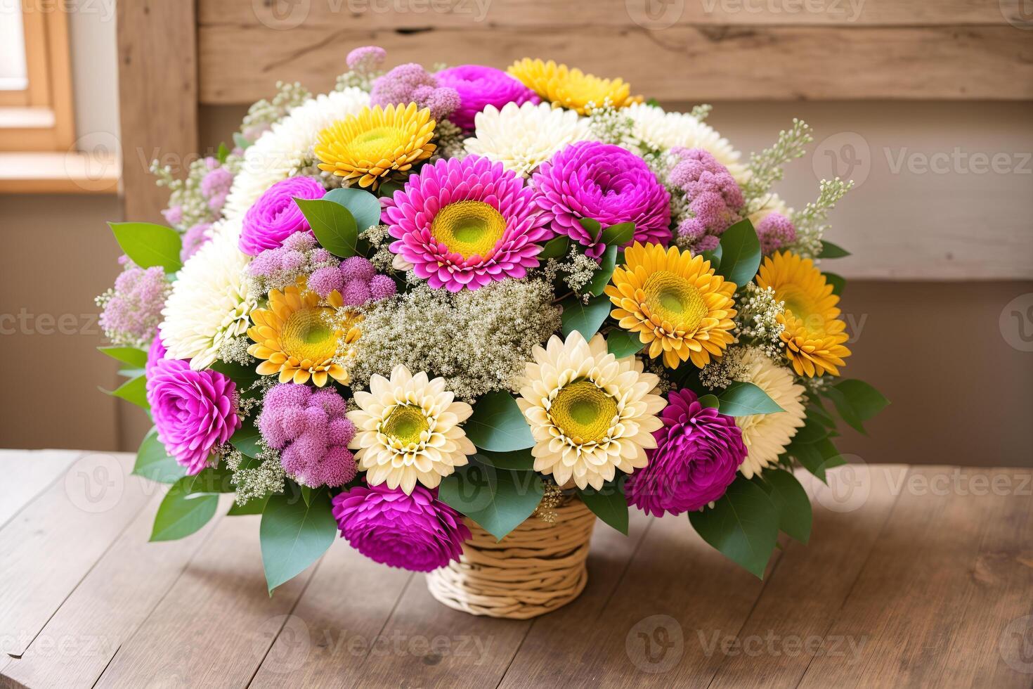 Bouquet of colorful flowers in vase on wooden background. photo