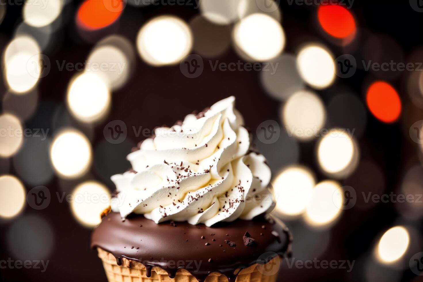 delicious Ice cream cone with chocolate and whipped cream on a wooden table. sweet food. photo
