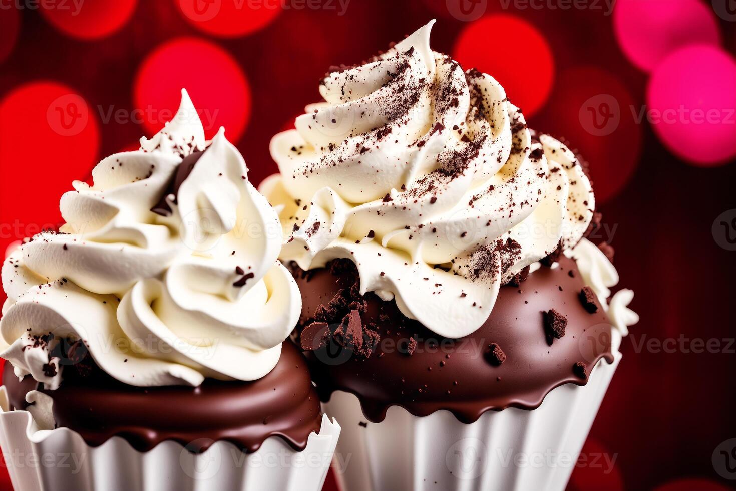 delicious Ice cream cone with chocolate and whipped cream on a wooden table. sweet food. photo