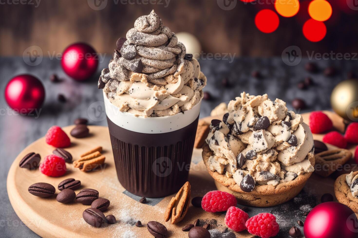 delicious Homemade ice cream with chocolate chips in a bowl on a wooden table. sweet food. photo