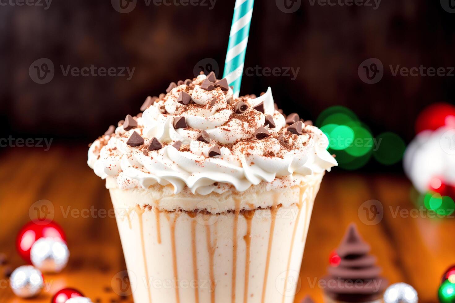 A glass of milkshake with whipped cream and blackberries.Strawberry milkshake, Raspberry milkshake. photo