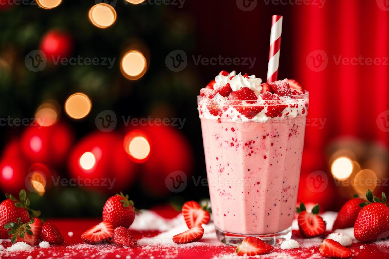 A glass of milkshake with whipped cream and blackberries.Strawberry milkshake, Raspberry milkshake. photo