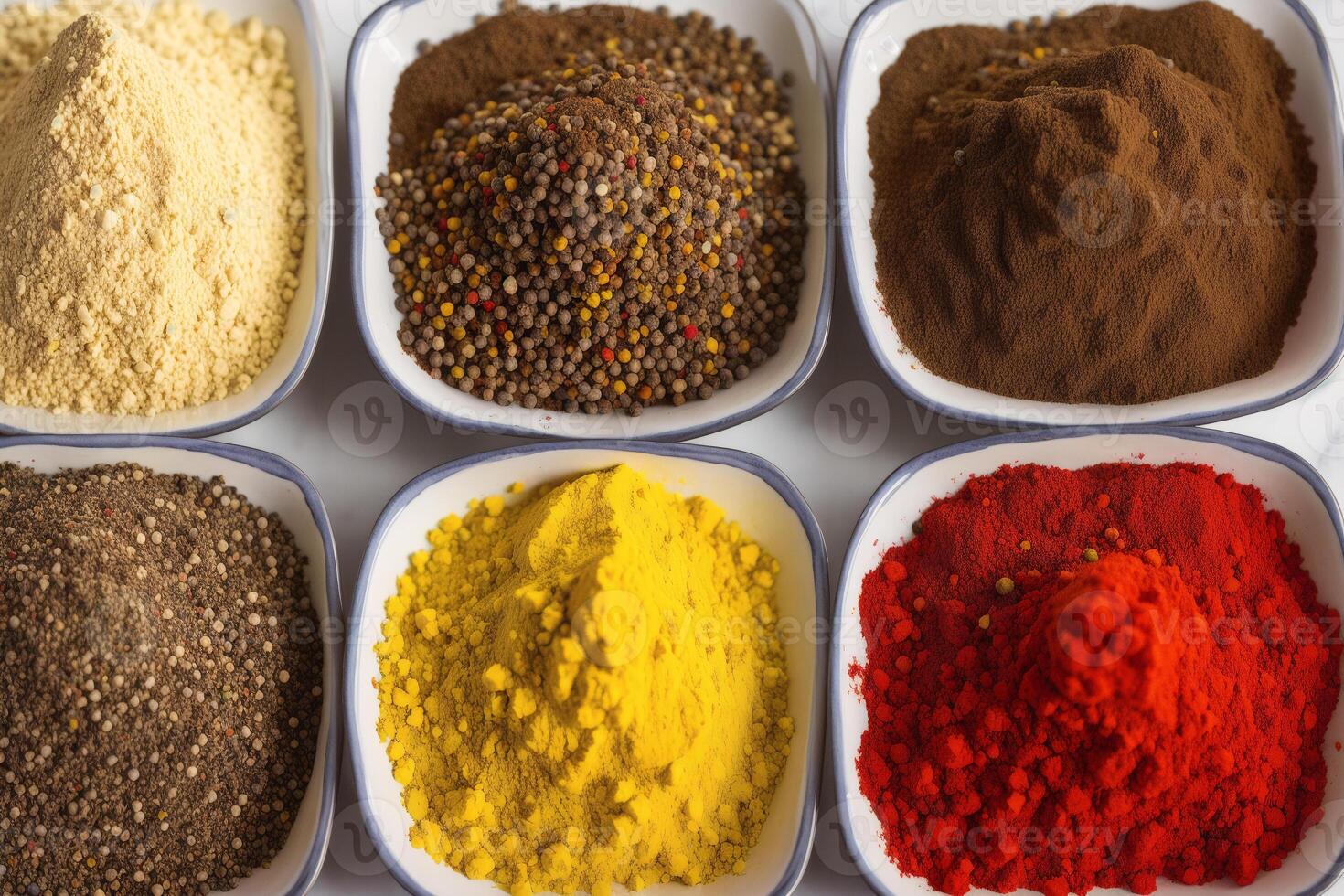 Spices and herbs in wooden bowls. Food and cuisine ingredients. photo