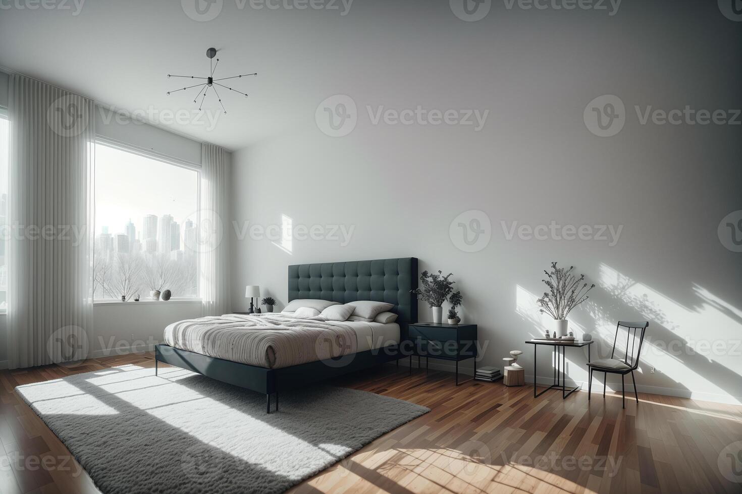 Interior of modern bedroom with gray walls, wooden floor, comfortable king size bed and window with countryside view. photo
