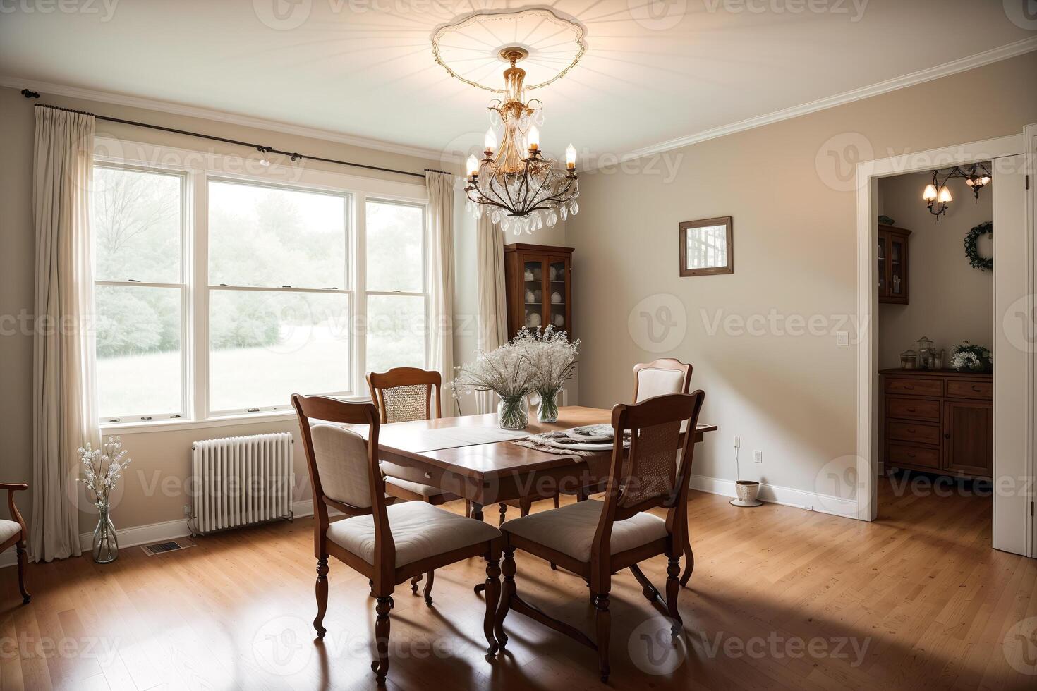 Interior of modern Dining room with a large window . photo