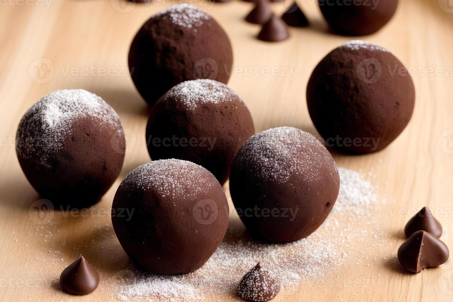 Chocolate truffles. An assortment of chocolate, candy, bars and chocolate pieces on a wooden background, sweet food. Chocolate cake. photo