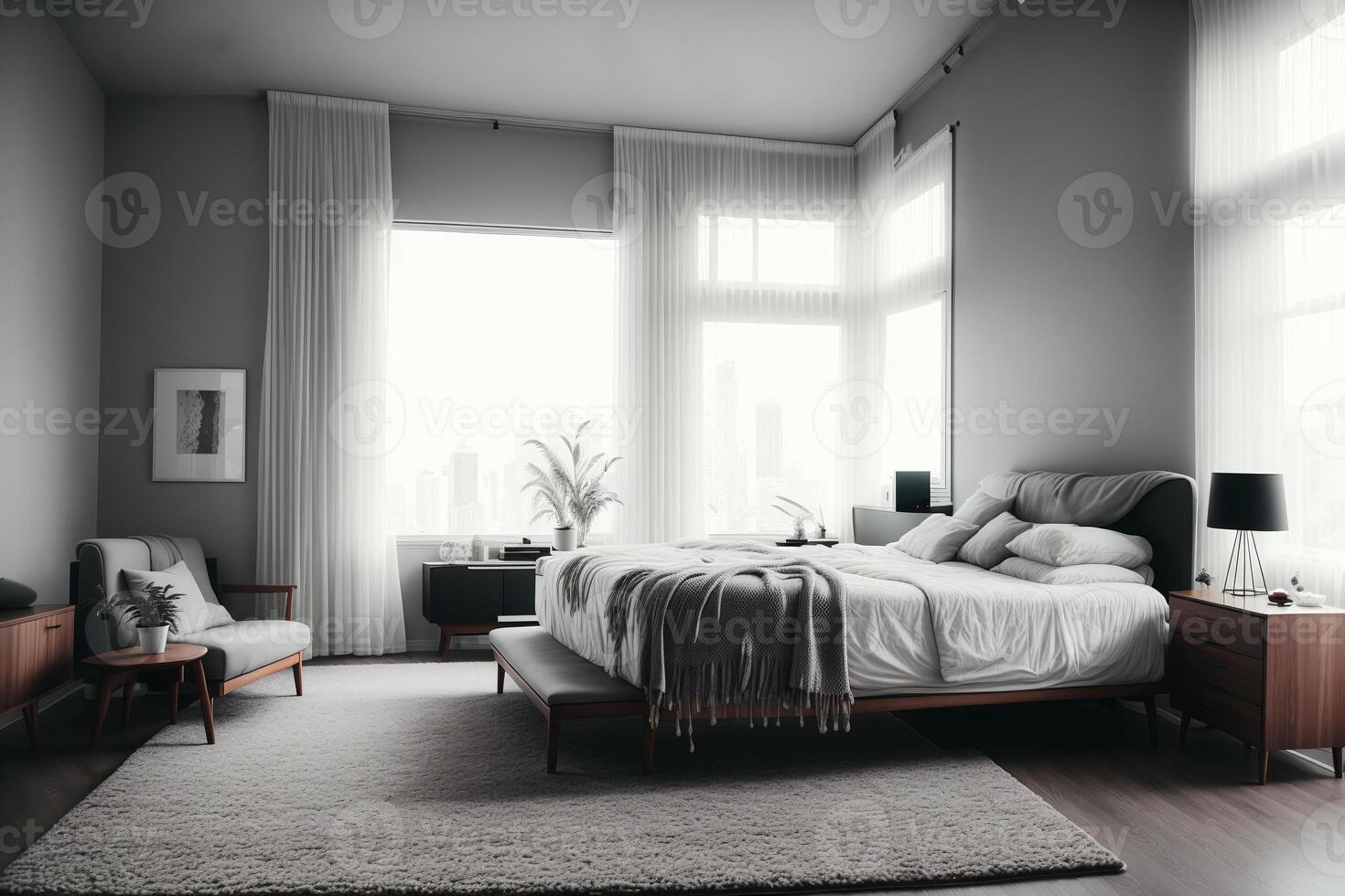 interior de moderno dormitorio con gris paredes, de madera piso, cómodo Rey Talla cama y ventana con campo vista. generativo ai foto