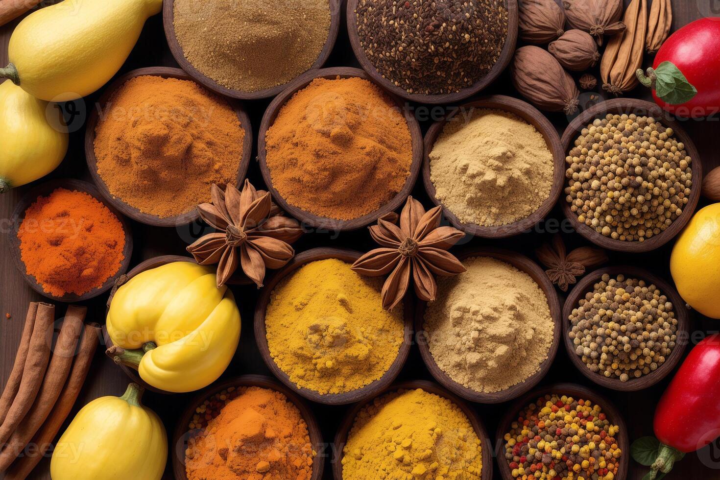 Spices and herbs in wooden bowls. Food and cuisine ingredients. photo