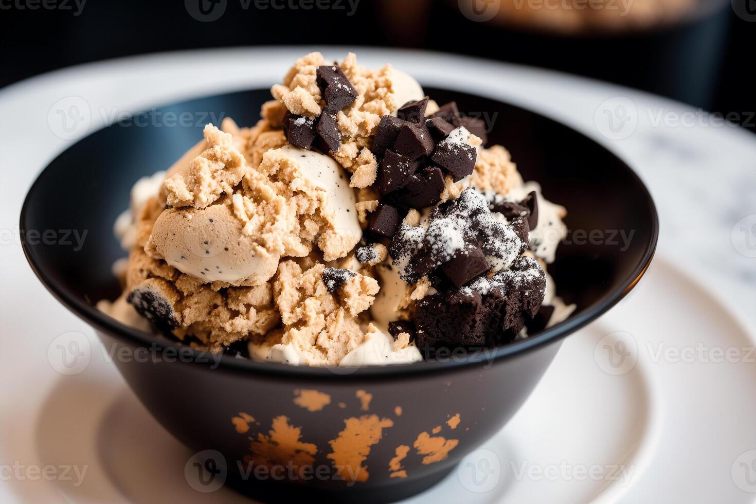 delicioso hecho en casa hielo crema con chocolate papas fritas en un cuenco en un de madera mesa. dulce alimento. generativo ai foto