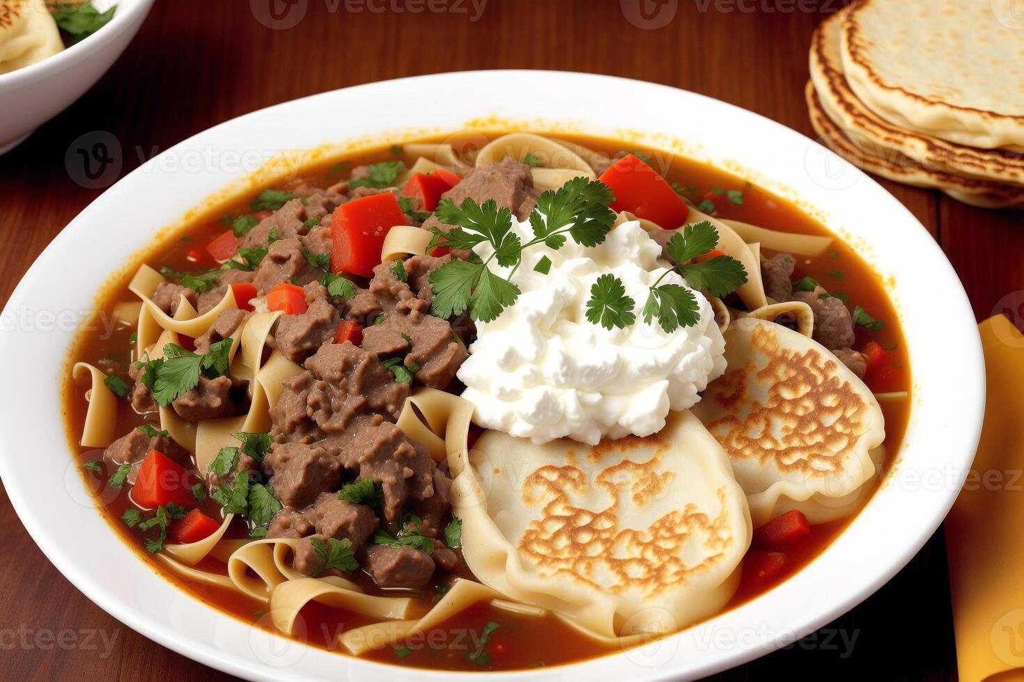 Russian cuisine. Meat dumplings stuffed with vegetables and sour cream. Pancakes with minced meat and vegetables. photo