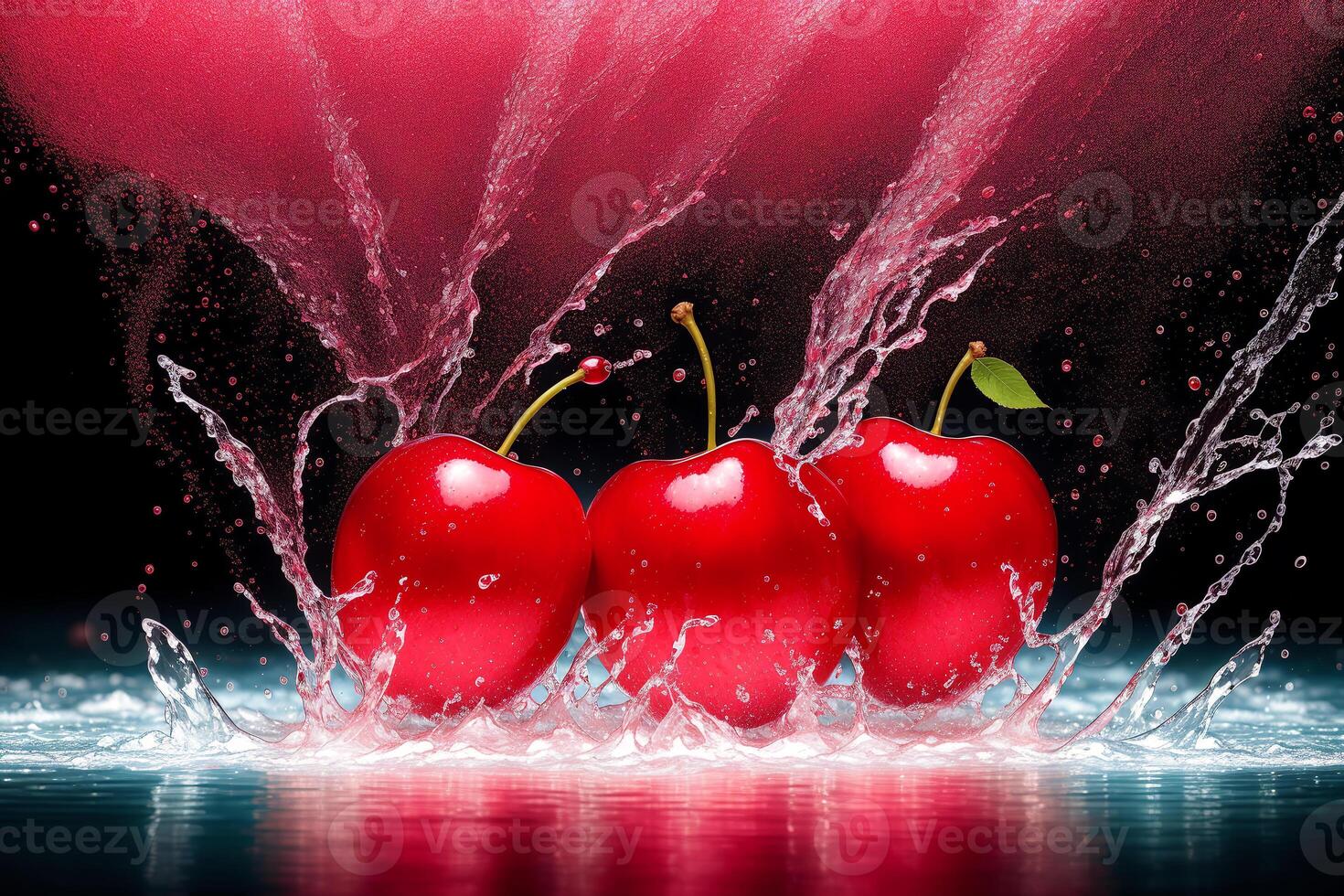 delicious cherry in water splash on black background. Healthy food concept. photo