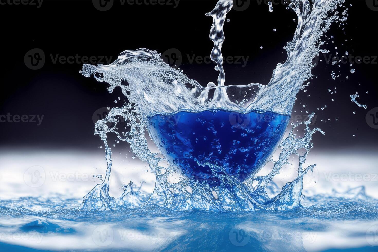 Water splash with bubbles on blue background. Abstract background. photo