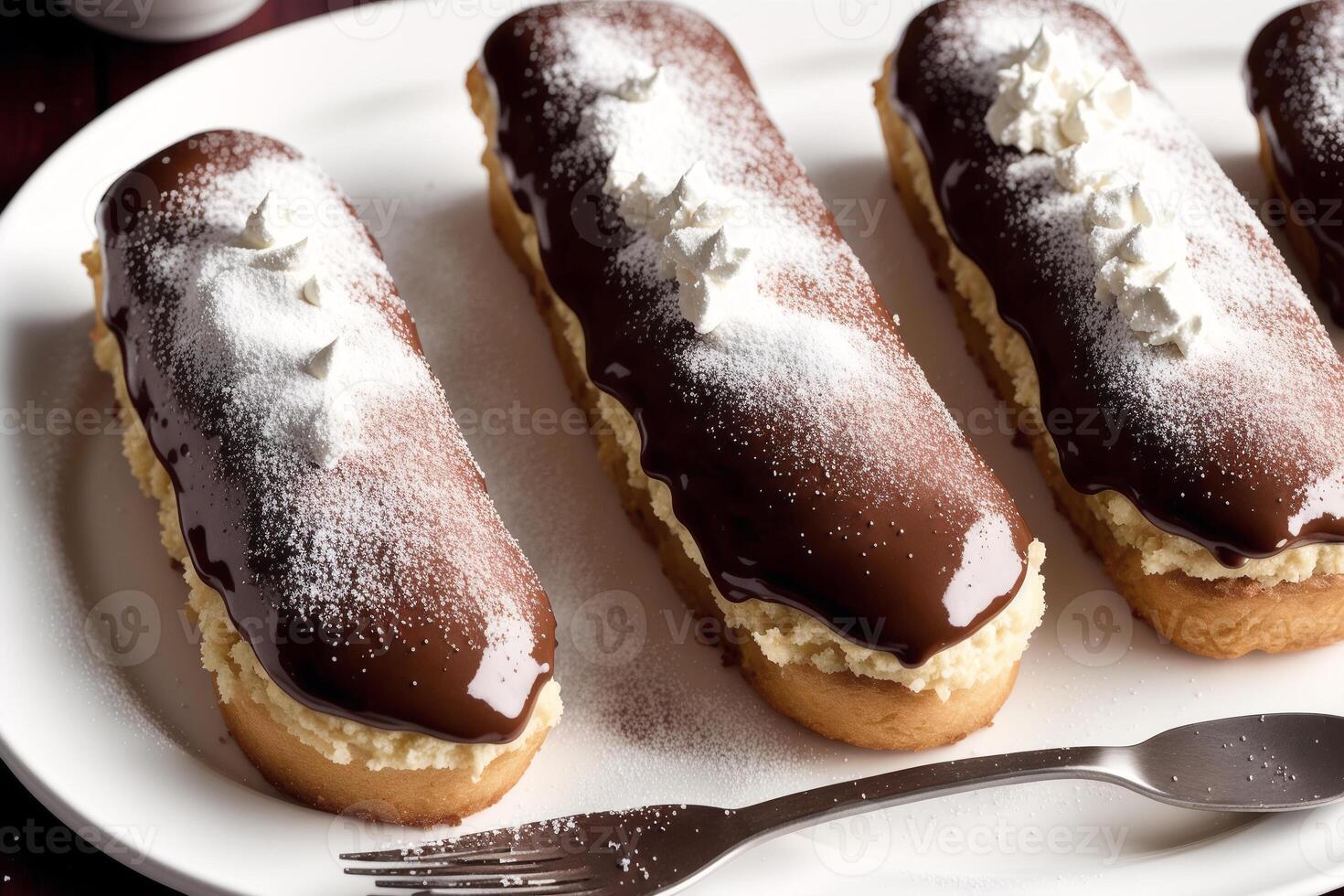 Delicious Chocolate cake with cream and icing sugar on a white plate. Eclairs with chocolate cream and cherry, photo