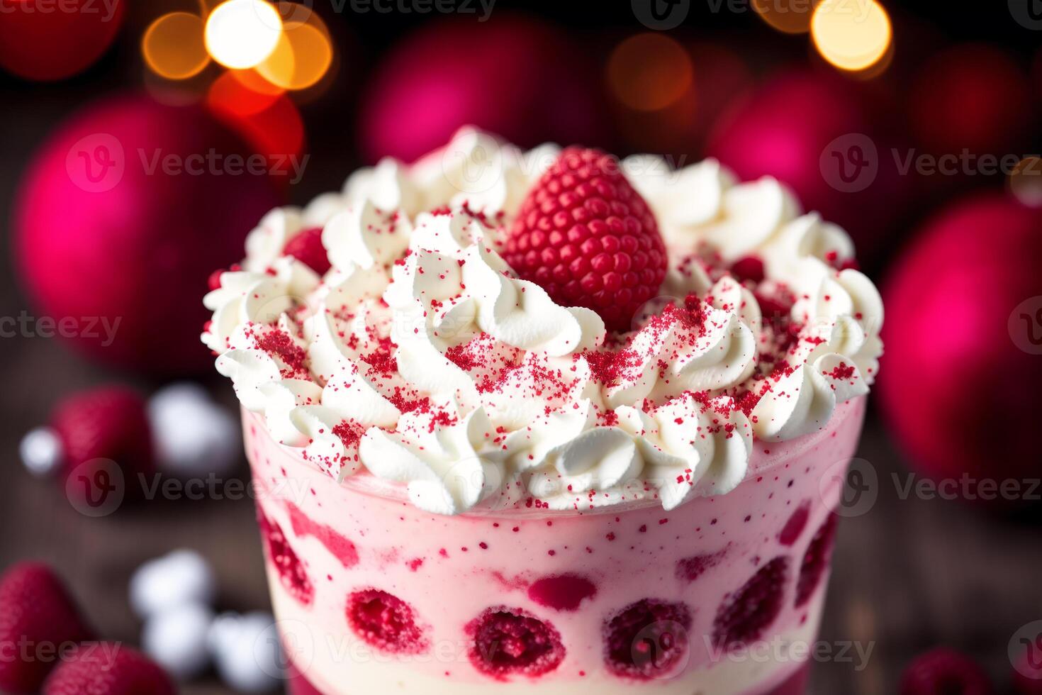 A glass of milkshake with whipped cream and blackberries.Strawberry milkshake, Raspberry milkshake. photo