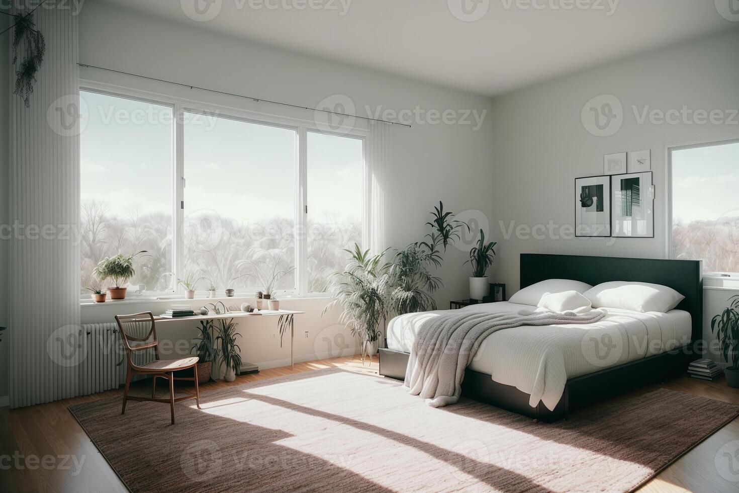 Interior of modern bedroom with gray walls, wooden floor, comfortable king size bed and window with countryside view. photo