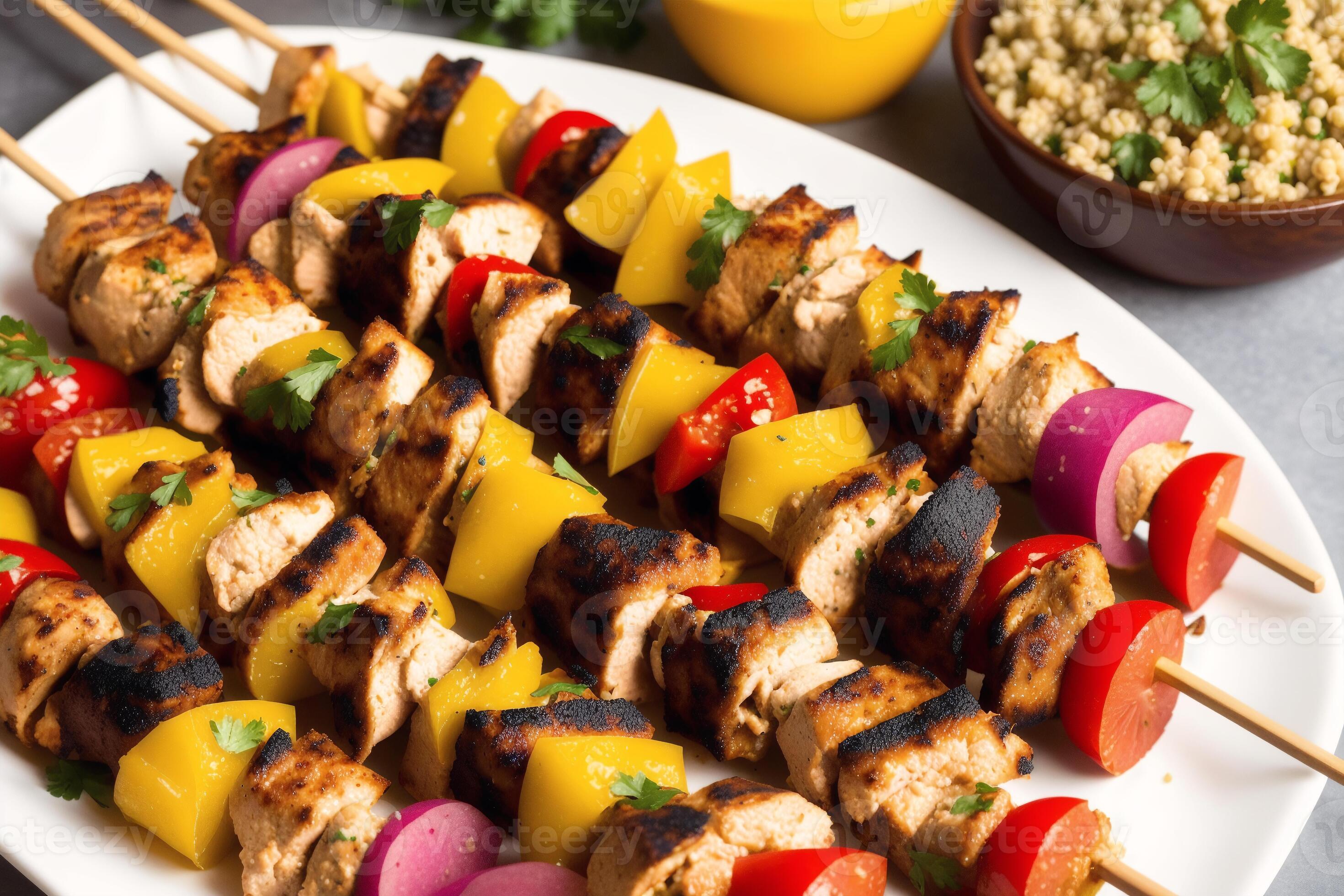 Lebanese cuisine. Chicken shish kebab on skewers served with couscous