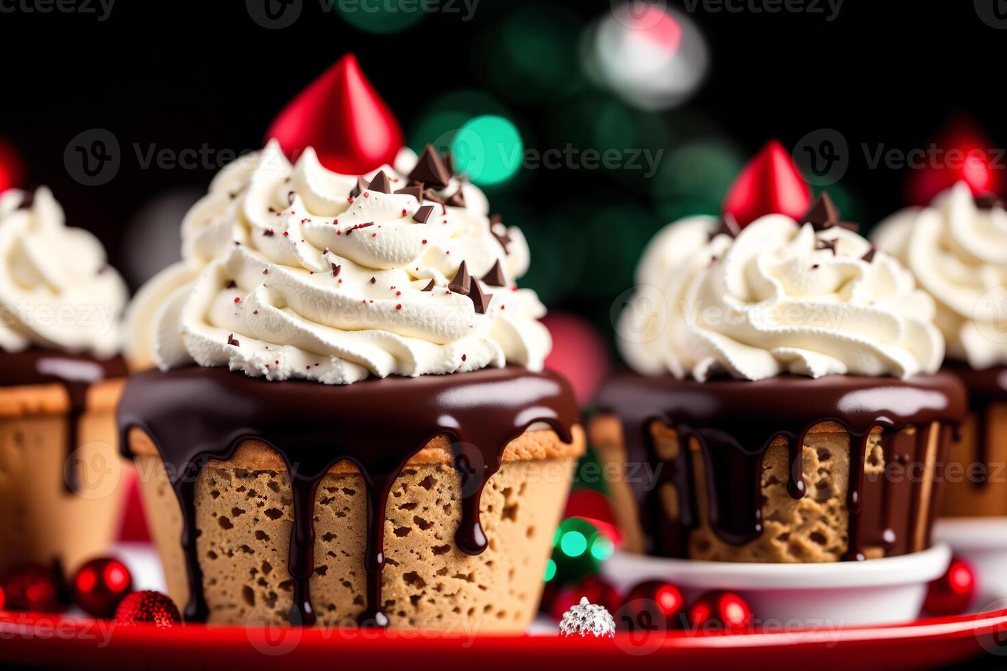 delicious Ice cream cone with chocolate and whipped cream on a wooden table. sweet food. photo