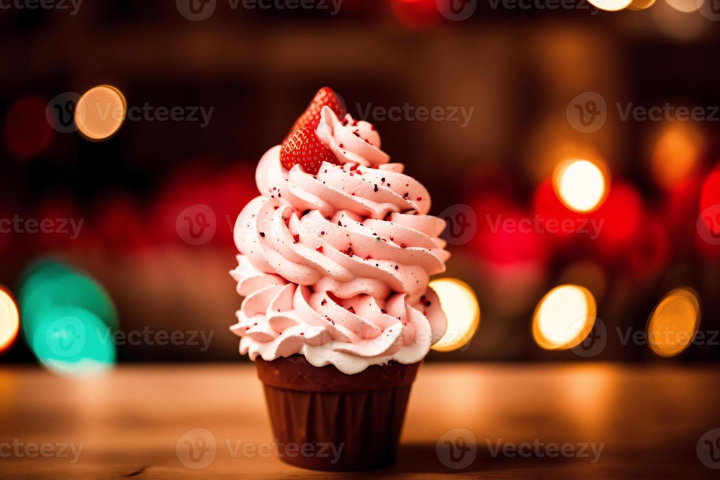 delicious Ice cream cone with chocolate and whipped cream on a wooden table. sweet food. photo