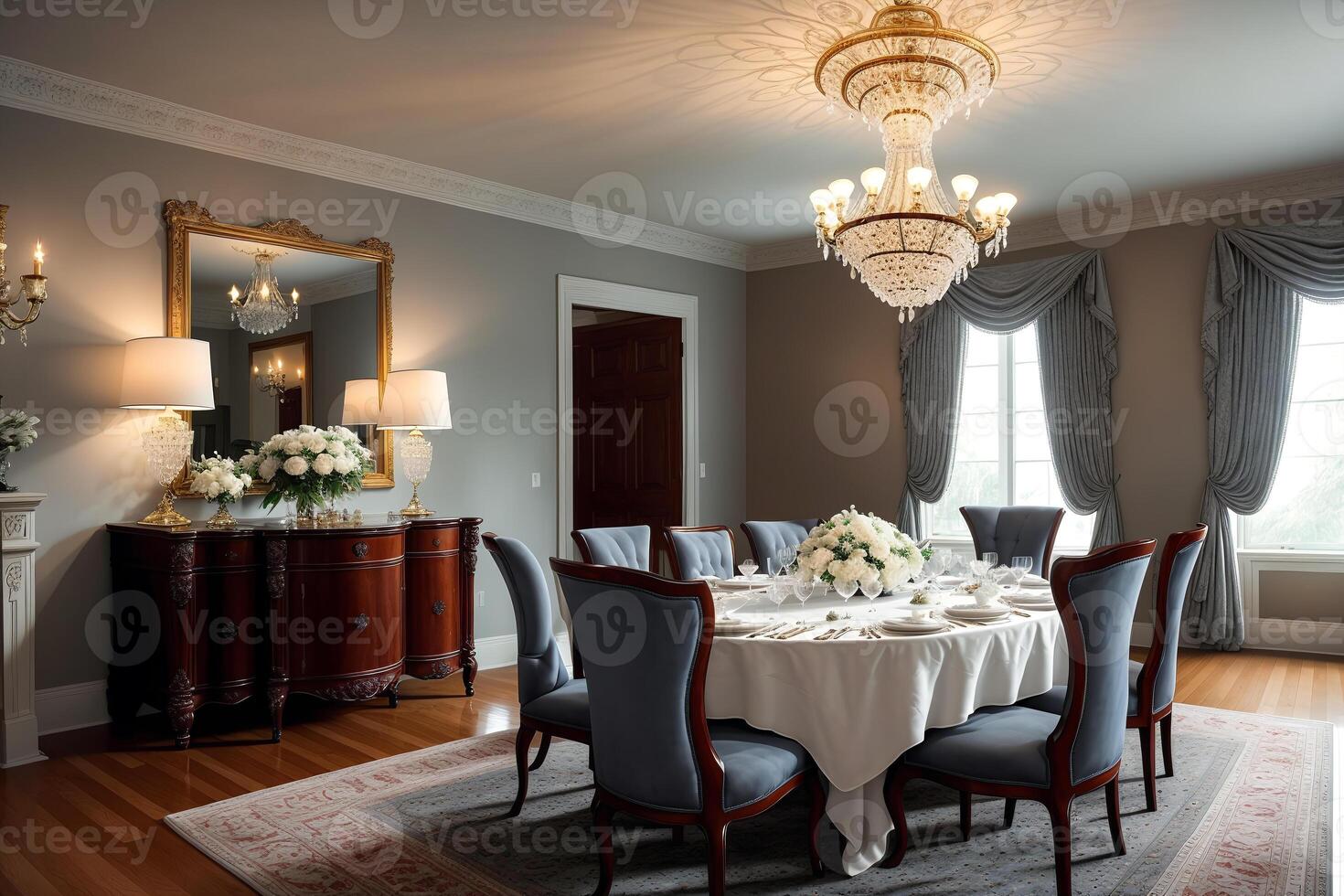 Interior of modern Dining room with a large window . photo
