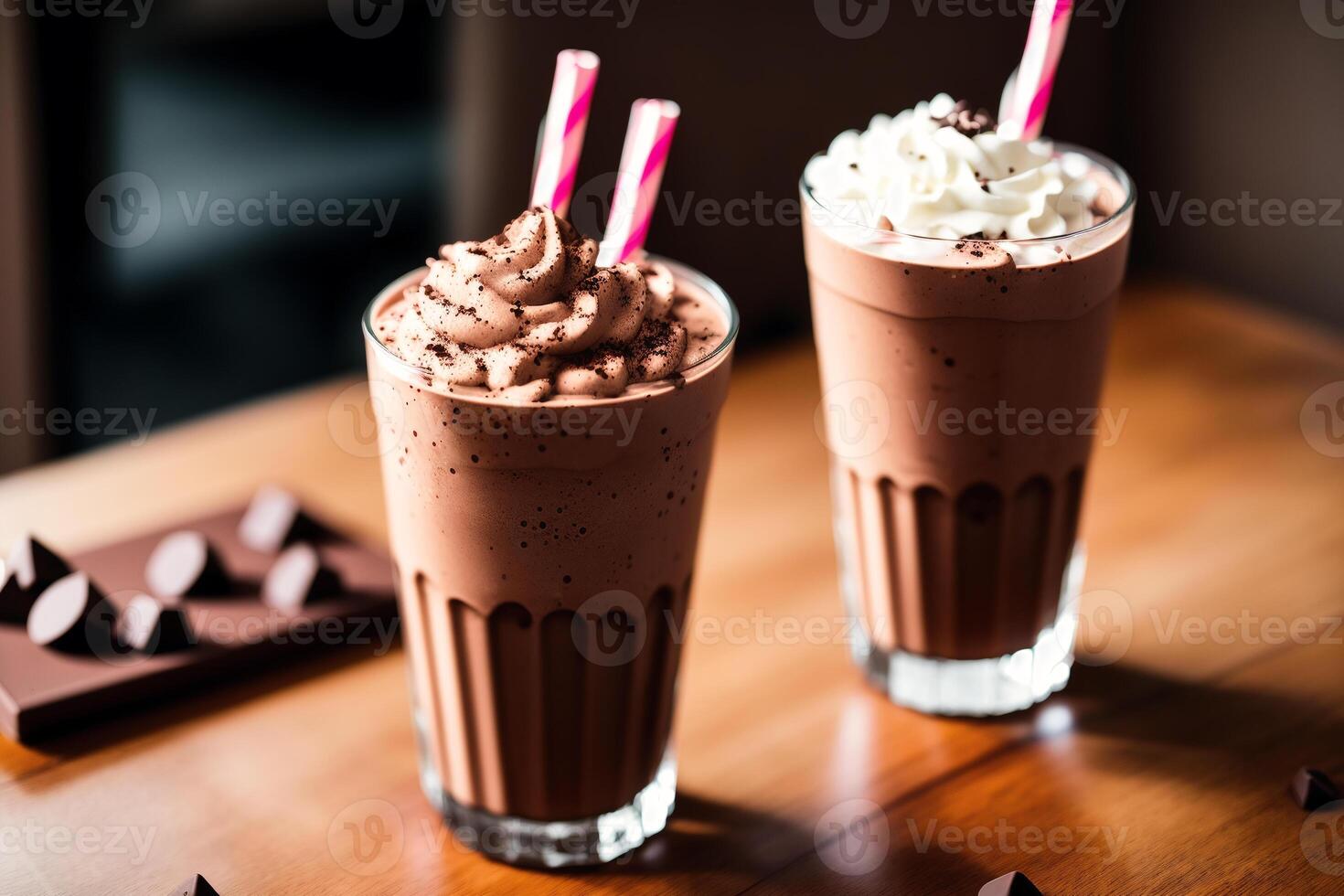 A glass of milkshake with whipped cream and blackberries.Strawberry milkshake, Raspberry milkshake. photo