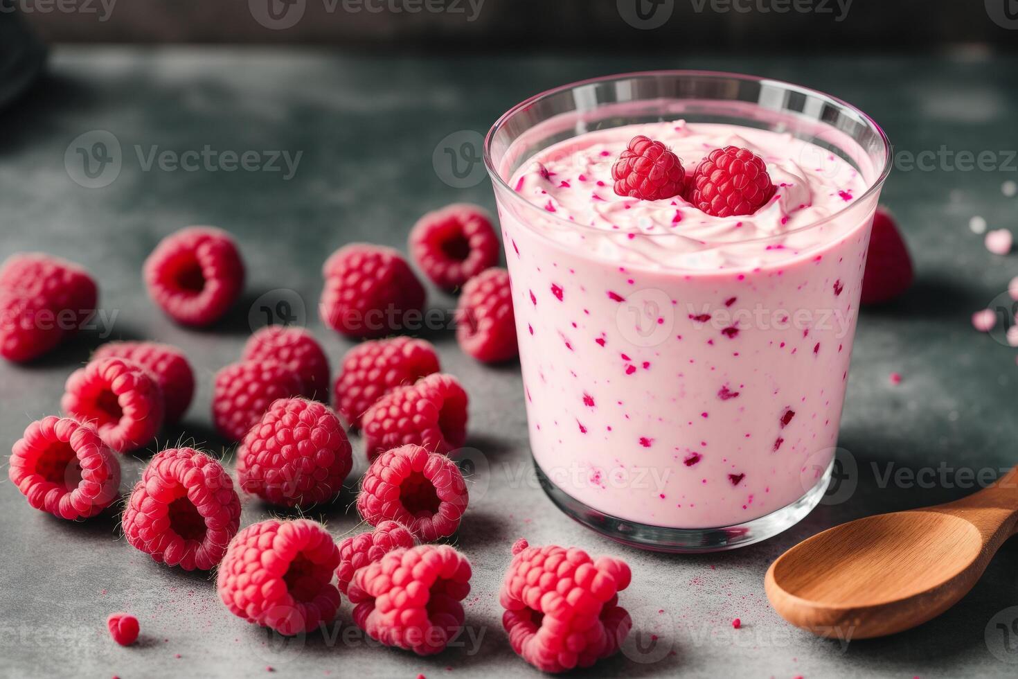 Strawberry yogurt in a white bowl.Yogurt with fresh blackberries, raspberries. photo