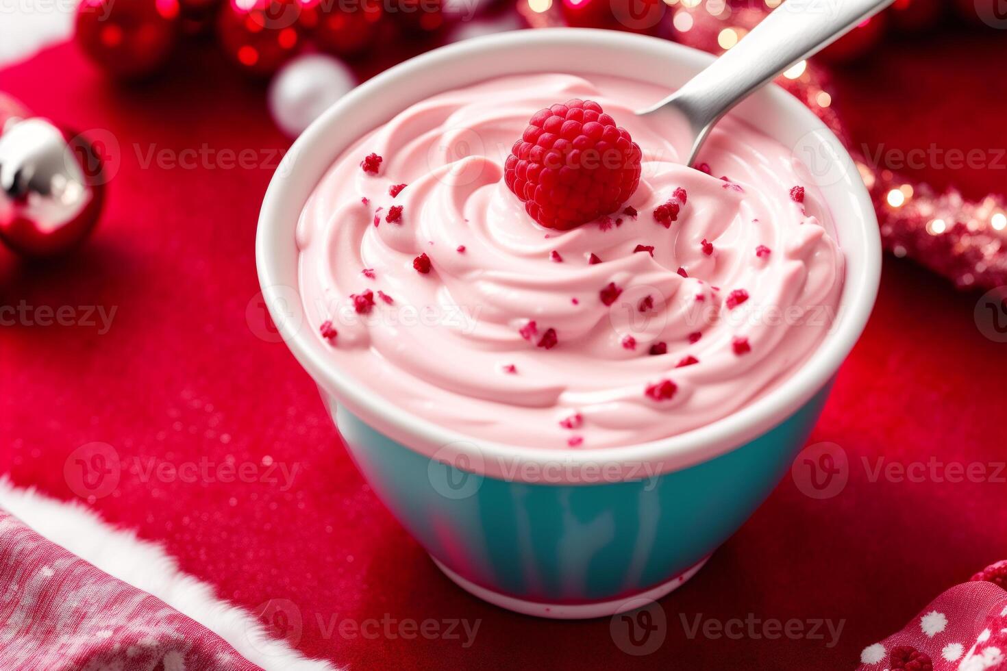 Strawberry yogurt in a white bowl.Yogurt with fresh blackberries, raspberries. photo